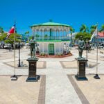 Aerial view of Central Park with statues and gazebo in Puerto Plata, Dominican Republic.