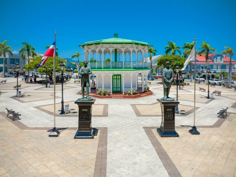 Aerial view of Central Park with statues and gazebo in Puerto Plata, Dominican Republic.